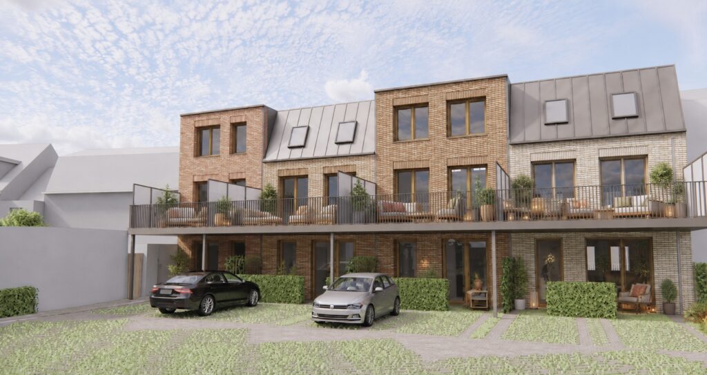 Achtergevels 4 woningen met achterterrassen op 1e verdieping